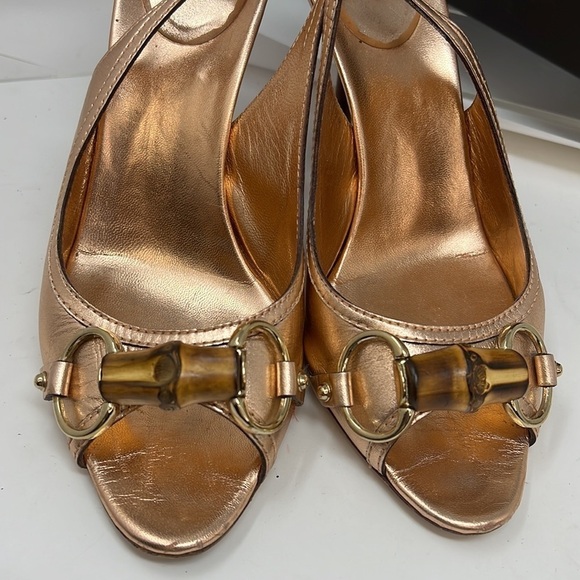 Gucci Sz 7 B Rosegold Rose Gold Leather Slingback Bamboo Horse Bit Heels - Picture 7 of 12